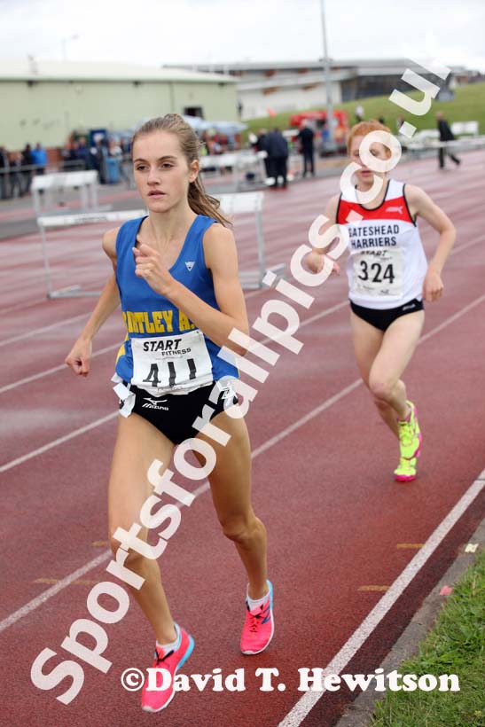 Lydia Turner (Birtley) leads Philippa Chambers (Gateshead)during the under-17s 3000 metres at the Northern Under-17s and 15s Championships, Liverpool.